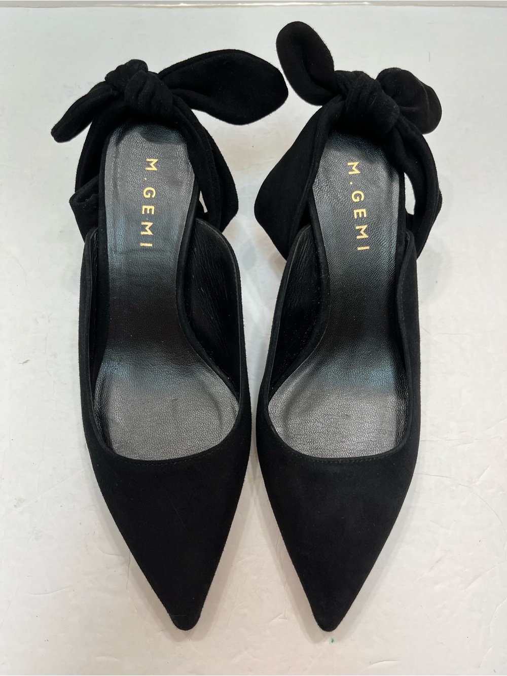 M.GEMI The Lasso Black Suede Mule Kitten Heels Bow Italy Women's 36.5 US 6.5